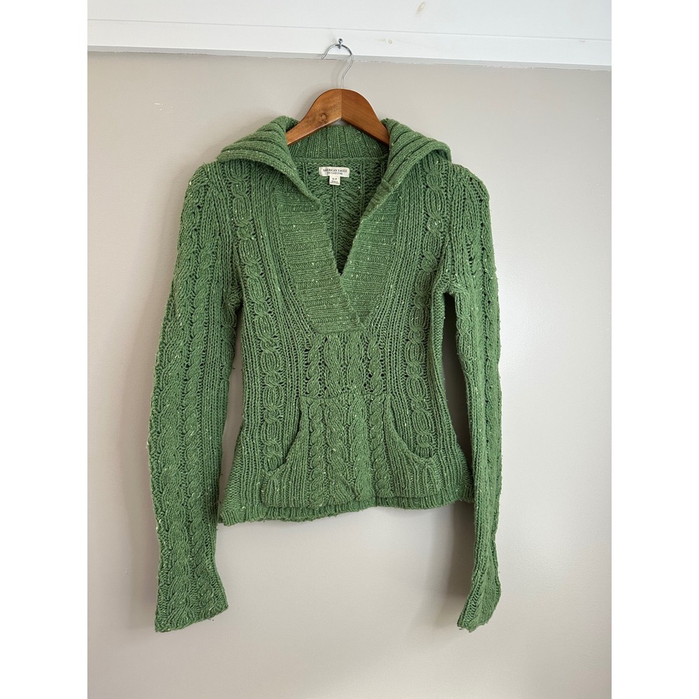 American Eagle Sweater Women Small Green EUC Wool Blend Cable Knit Y2K Hoodie